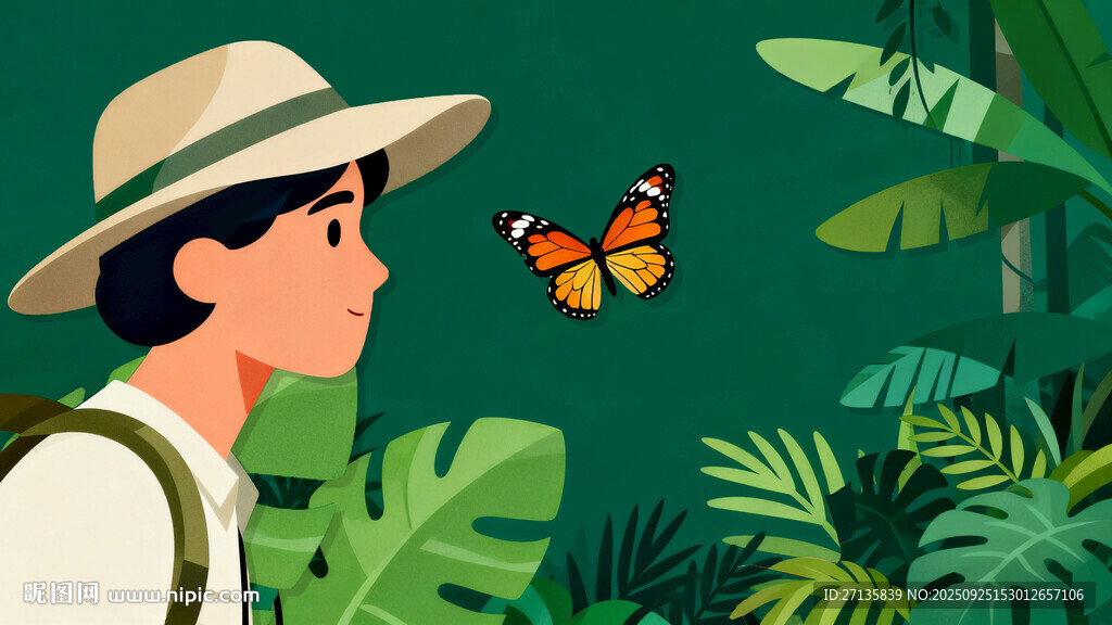 男子叢林中與蝴蝶對視