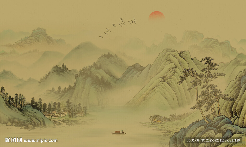 新中式古畫國畫山水背景墻壁畫