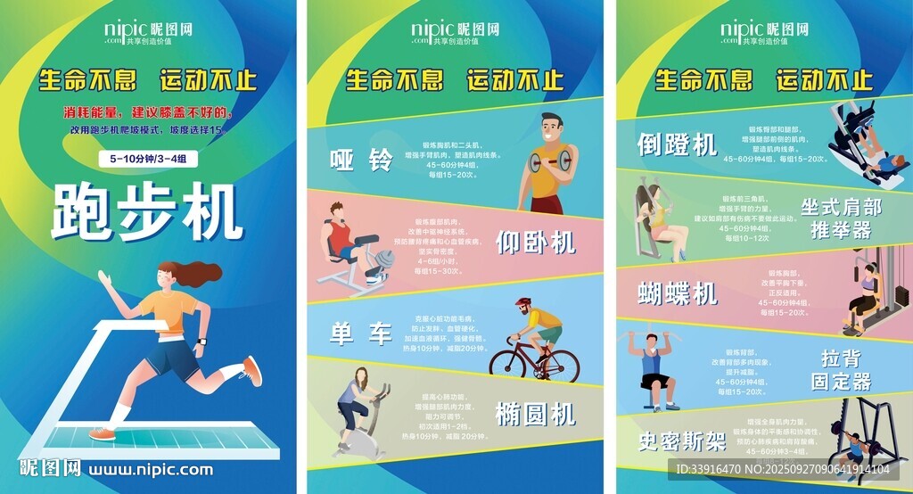 健身房多樣健身器材鍛煉展示