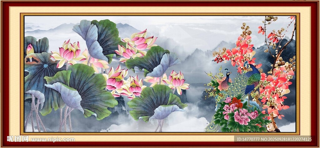 中式水墨荷花山水畫作