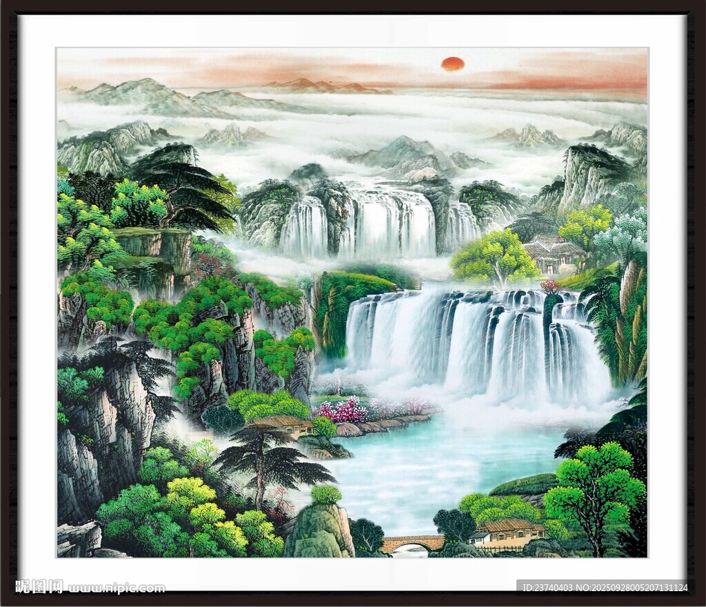 山水瀑布國畫風景圖