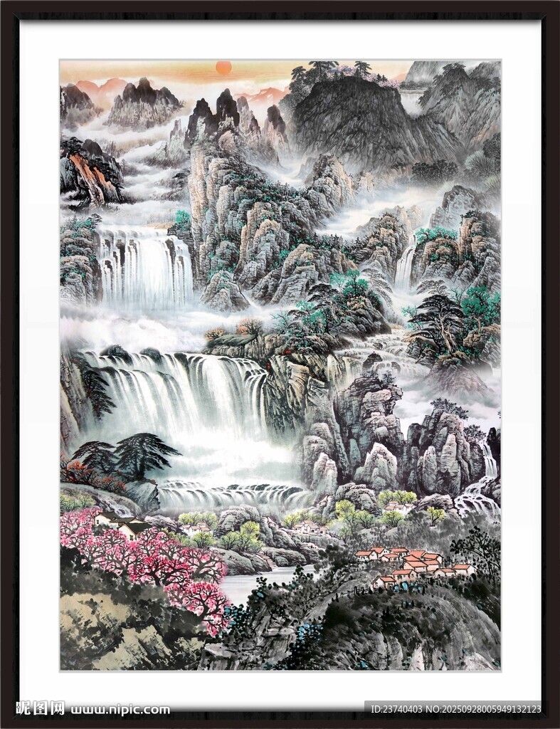山水瀑布國畫作品