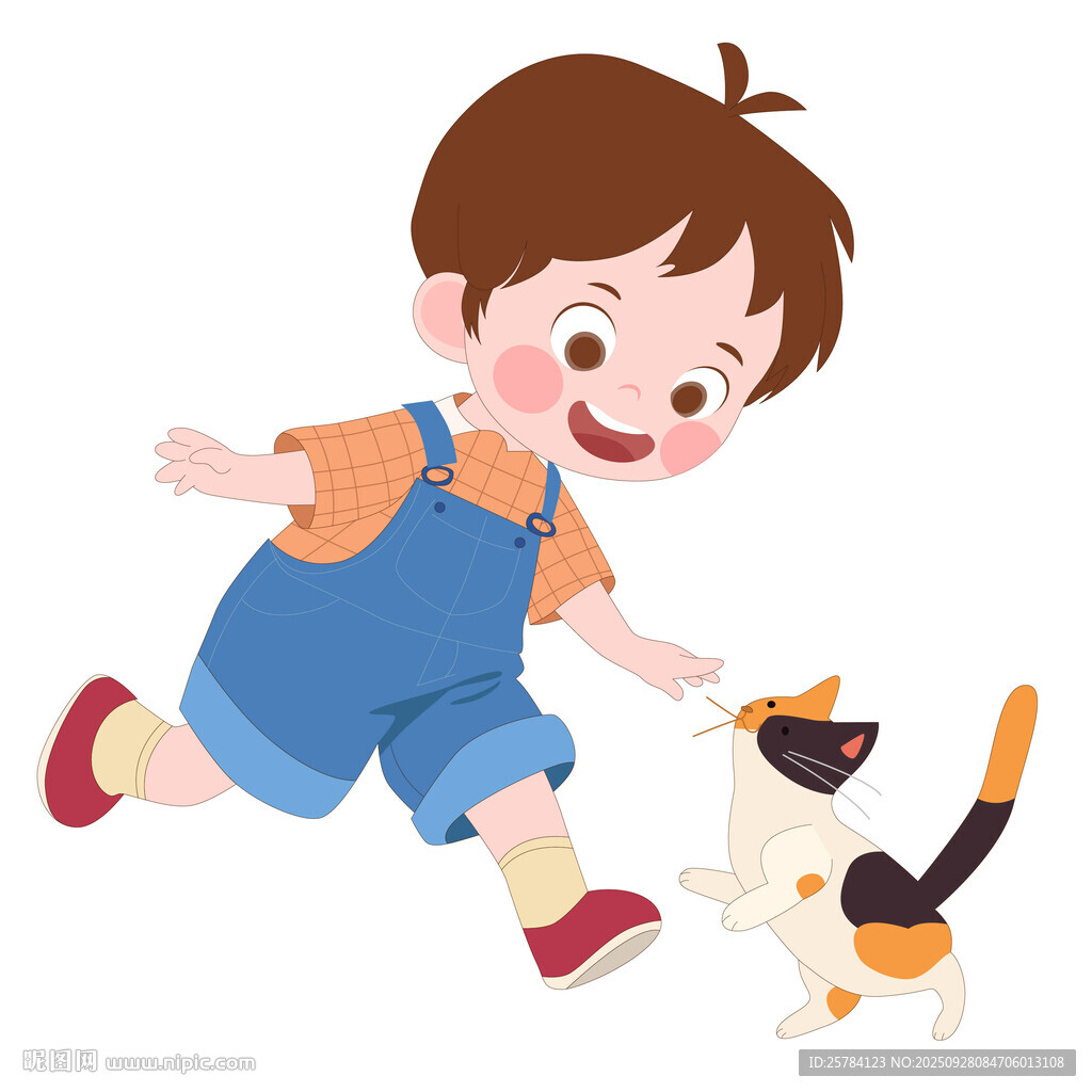 穿背帶褲男孩和貓咪互動玩耍插畫