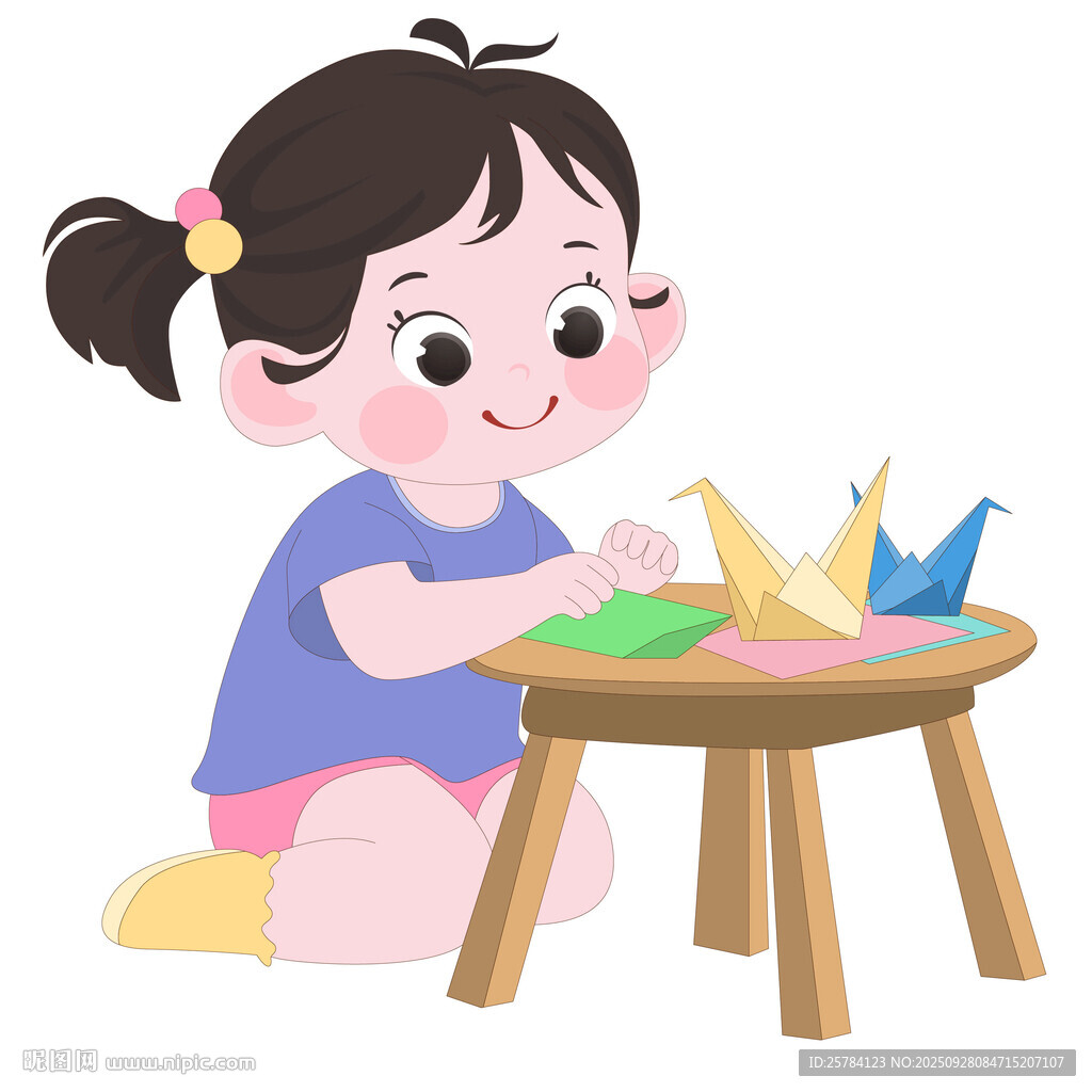 坐著疊彩色千紙鶴動手創(chuàng)作插畫