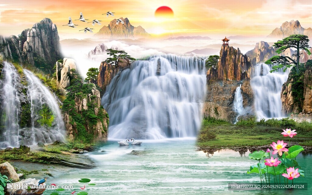 山水瀑布間的唯美自然景