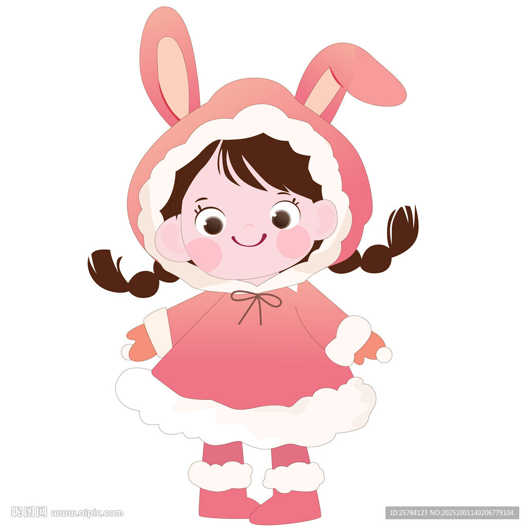 冬季穿小兔子睡衣雙馬尾女孩插畫