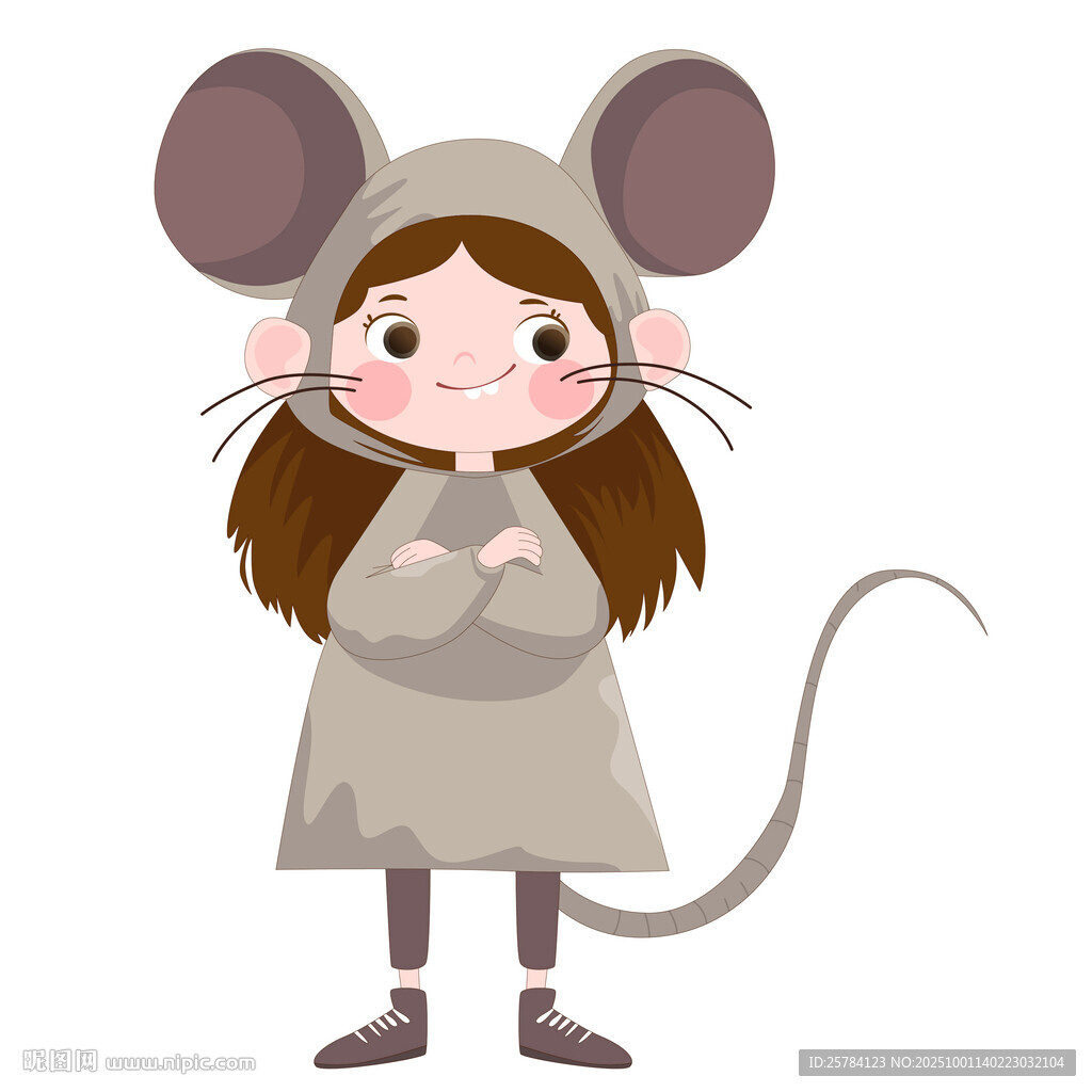 女孩穿卡通玩偶服小老鼠睡衣插畫
