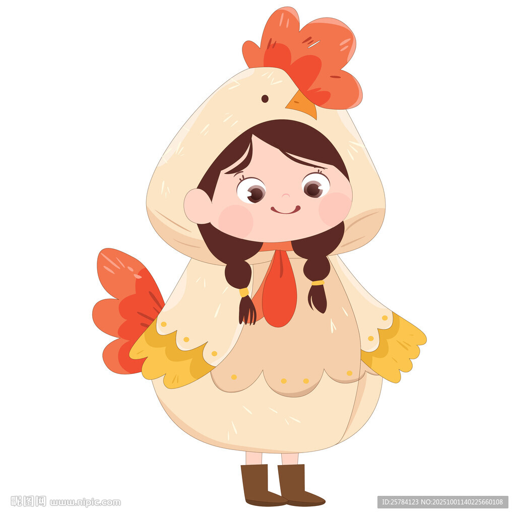 女孩穿卡通玩偶服小雞睡衣插畫
