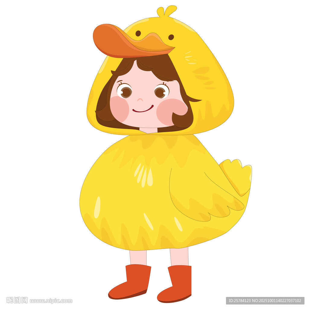 女孩穿卡通玩偶服小黃鴨睡衣插畫