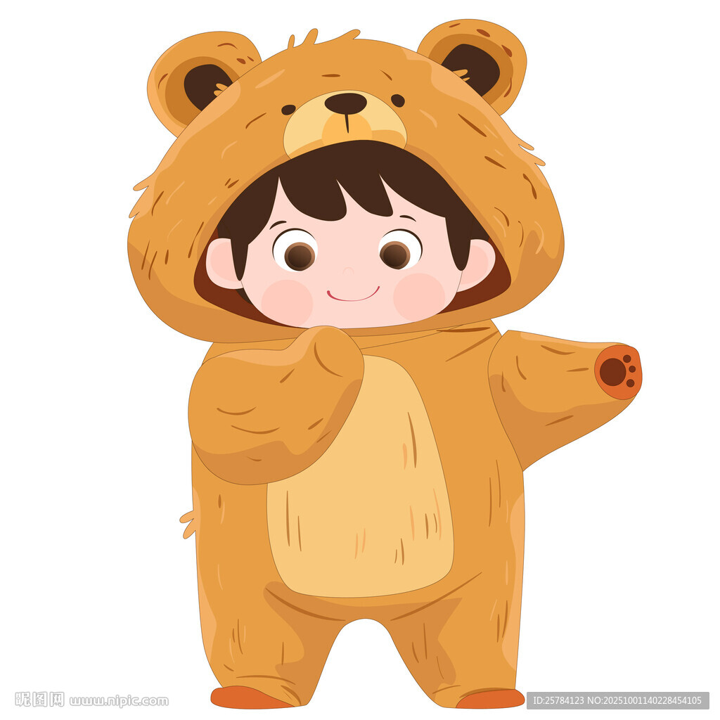 男孩穿卡通玩偶服小熊睡衣插畫