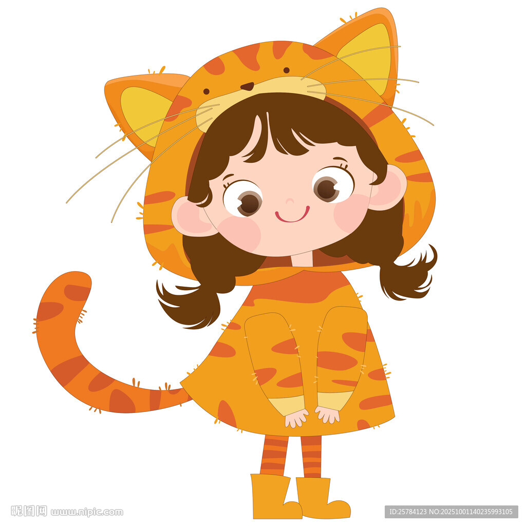 女孩穿卡通玩偶服貓咪睡衣插畫