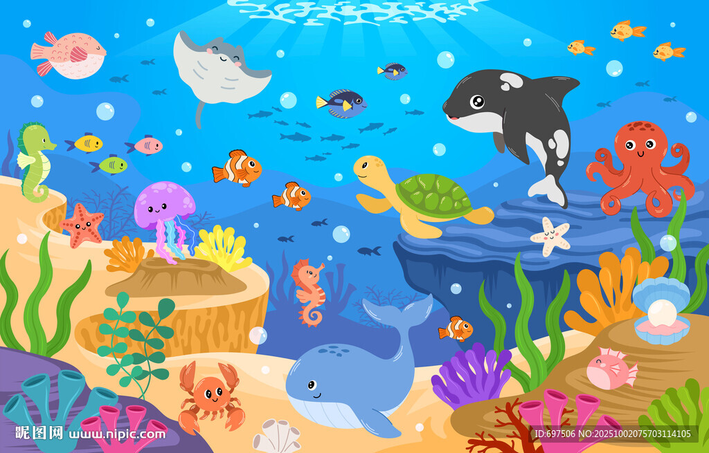 可愛鯨魚卡通海洋動物珊瑚背景墻