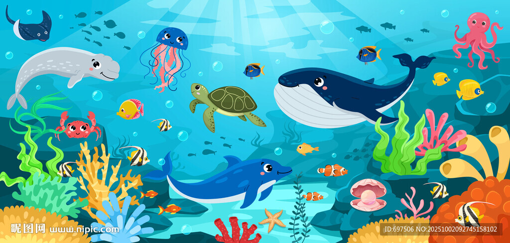 卡通海豚海底鯨魚珊瑚水族館背景