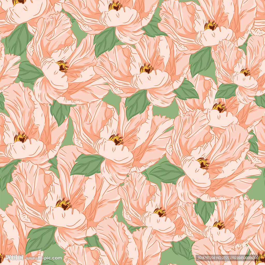 橙色郁金香花插畫無縫圖案綠色背