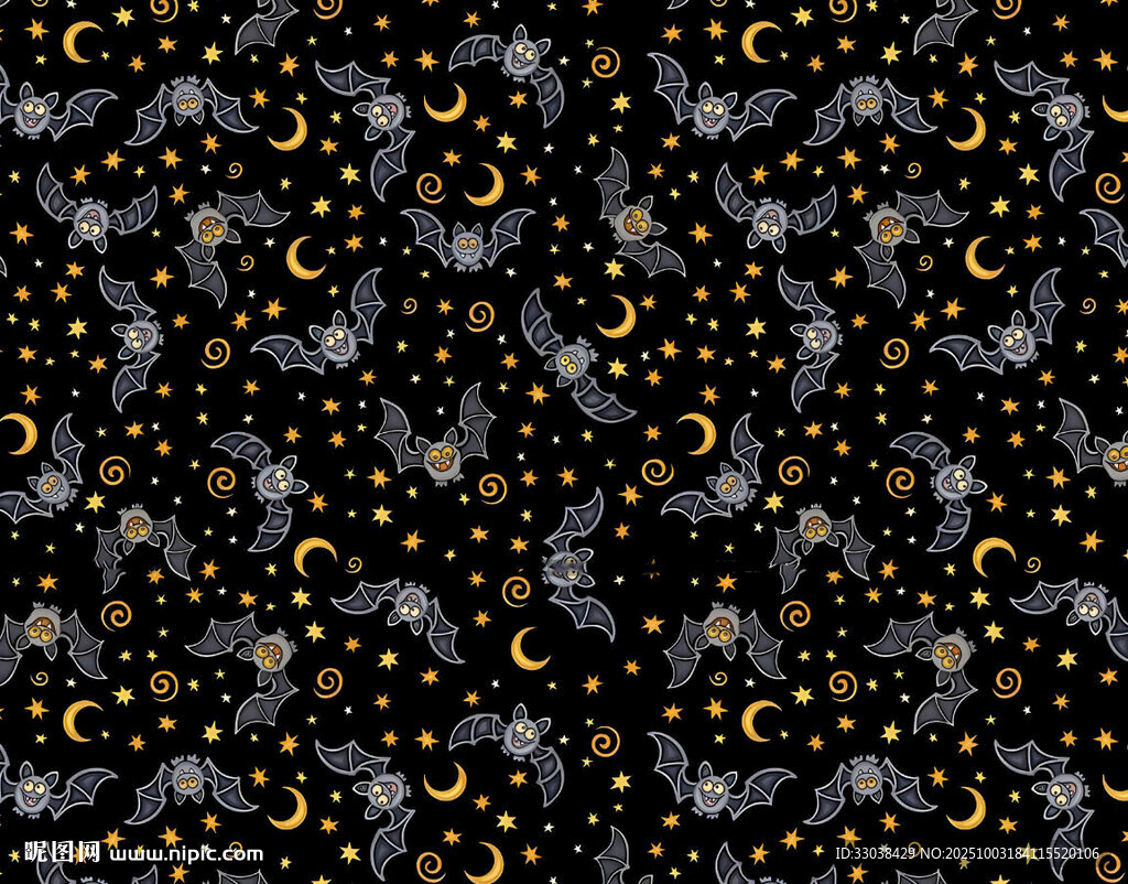黑色背景上的月亮星星蝙蝠圖案