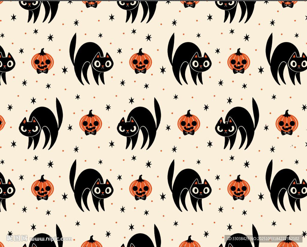 黑貓南瓜萬圣節(jié)無縫圖案