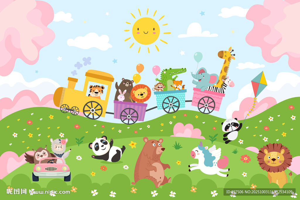 唯美花朵卡通可愛動物火車背景墻