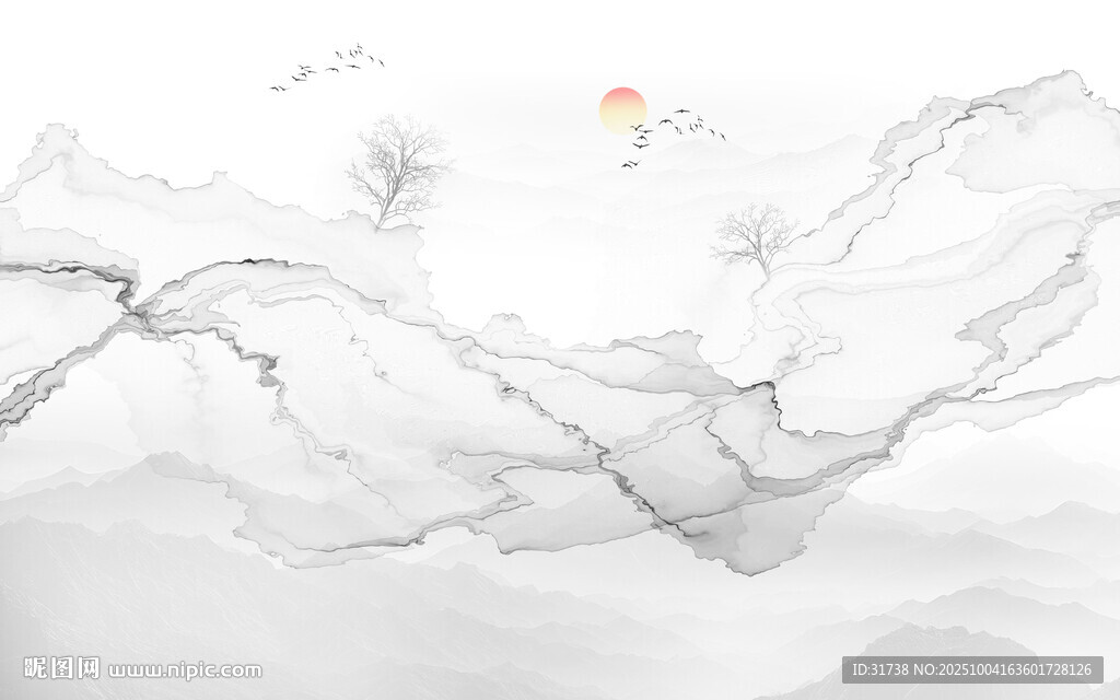 抽象水墨線(xiàn)條煙霧山水畫(huà)