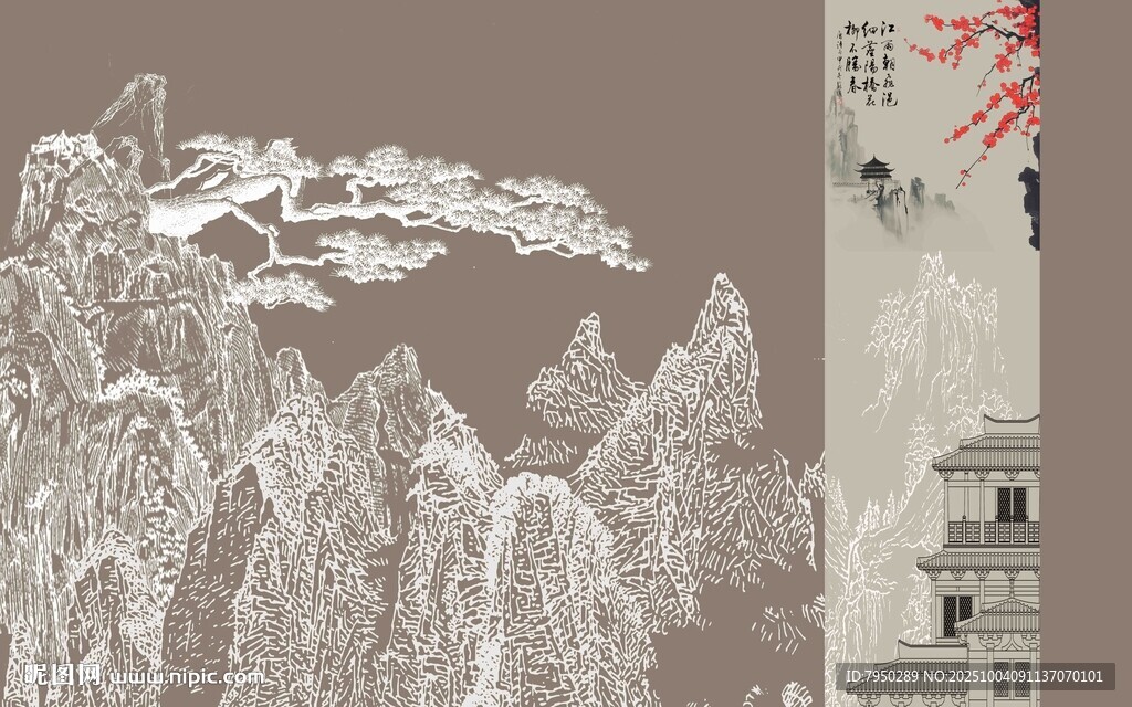 中式山水線描藝術(shù)畫作