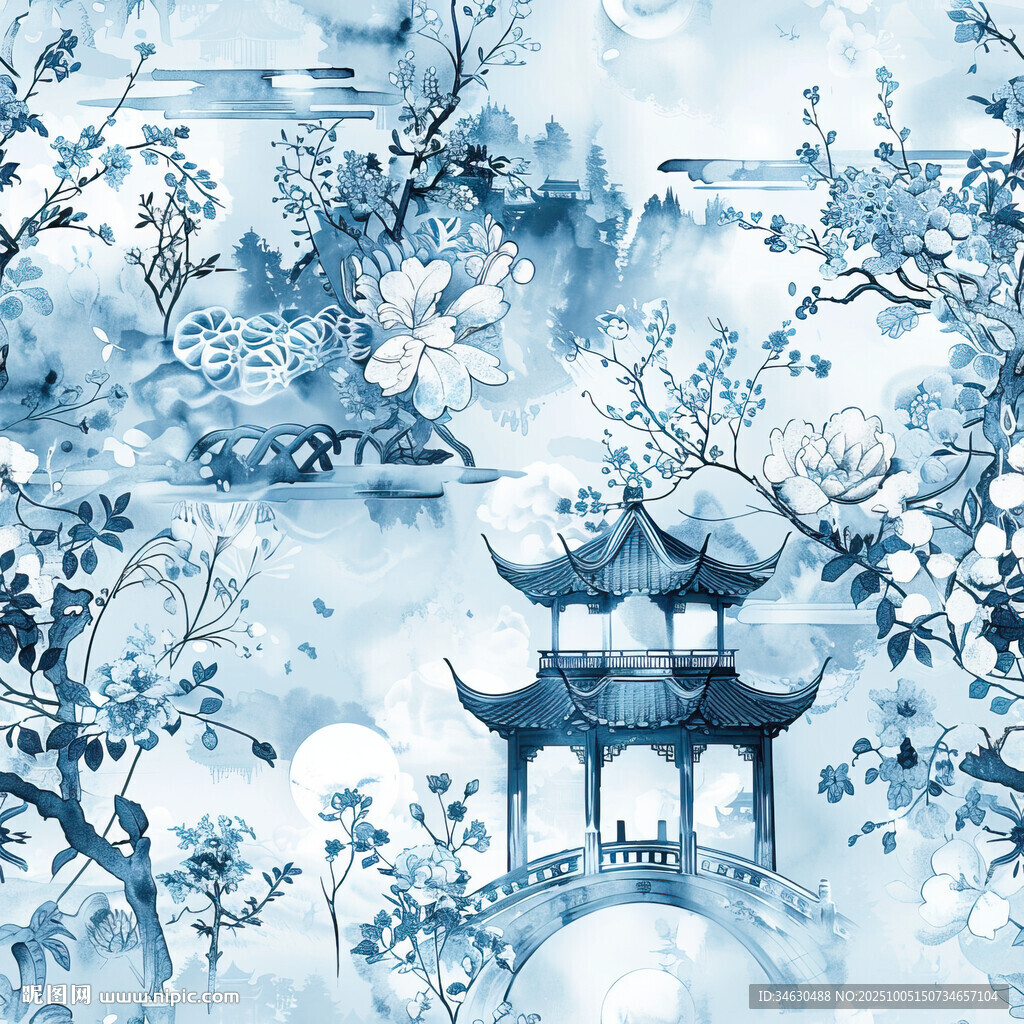 水墨江南雪景中的古韻樓閣