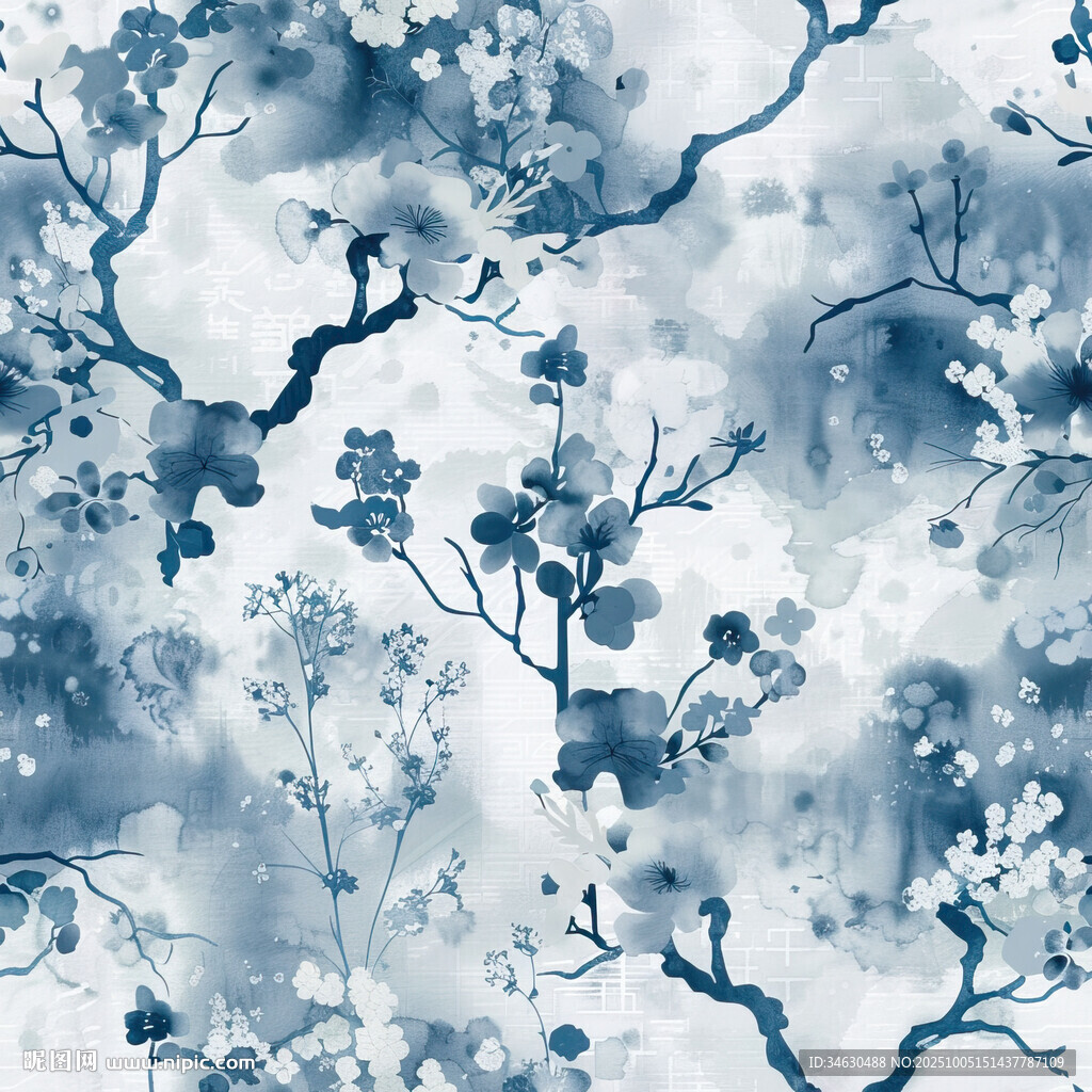 藍(lán)白水墨風(fēng)花卉枝葉圖案