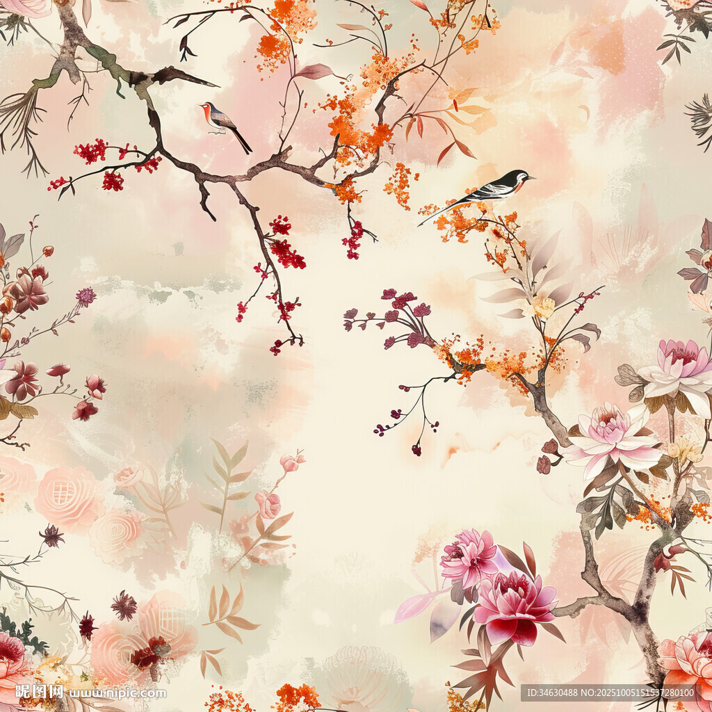 花鳥水彩風(fēng)唯美花卉圖案