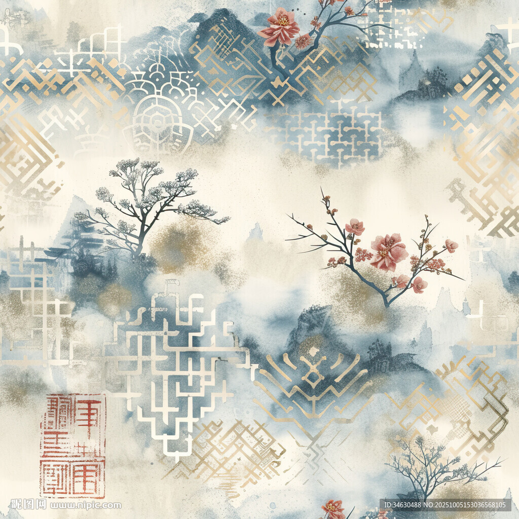 中式水墨風(fēng)花鳥山水圖案