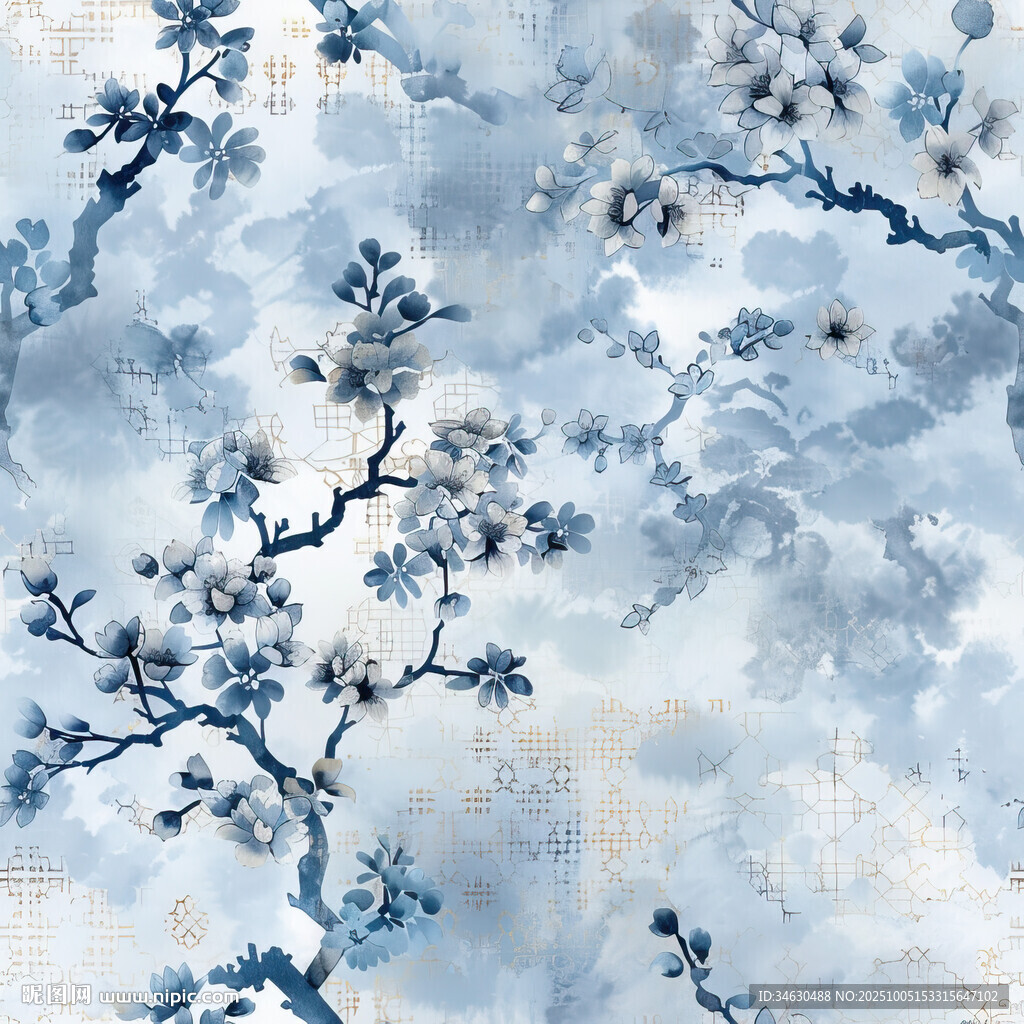 水墨風(fēng)藍白花卉紋理背景
