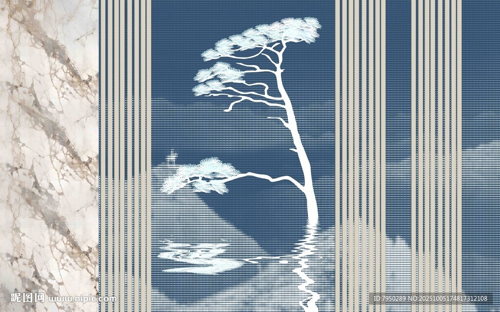 中式窗景下的孤松剪影