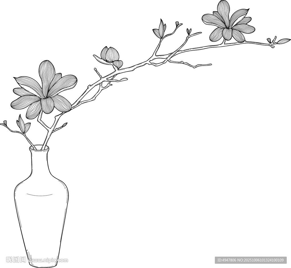 花瓶插枝花卉線描圖 矢量圖