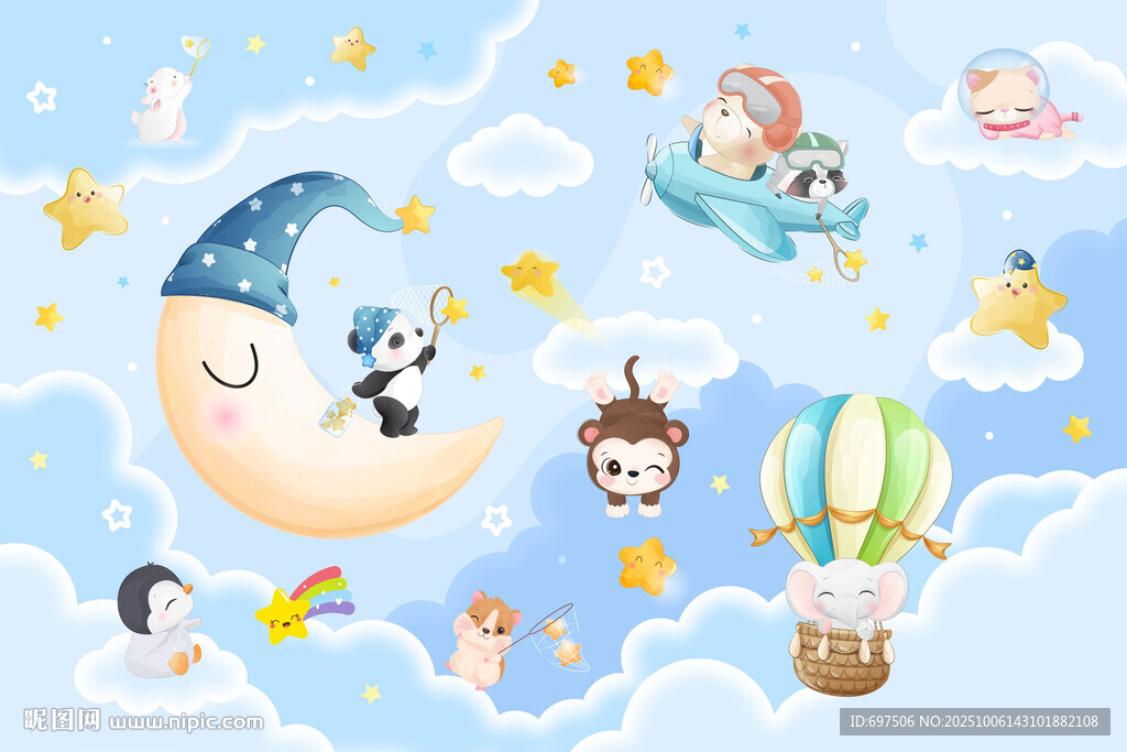 可愛卡通小動(dòng)物月亮兒童房背景墻