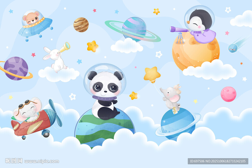 可愛動物宇航員卡通太空星球背景
