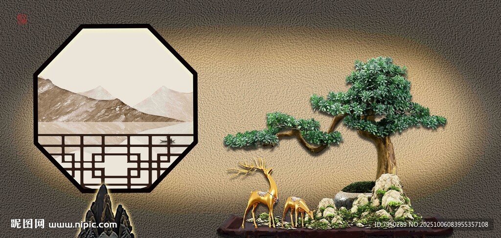 中式盆景與窗欞藝術(shù)裝飾畫(huà)