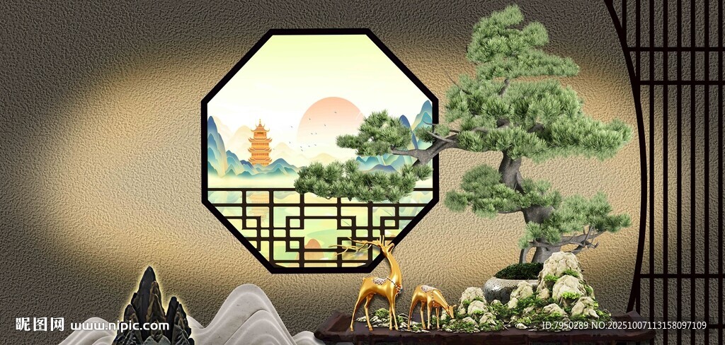 中式景墻下的盆栽景觀