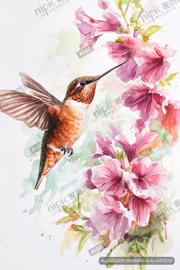 蜂鳥戲花水彩繪