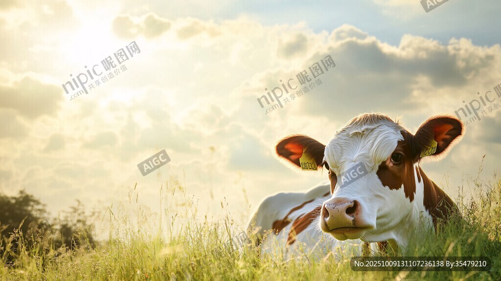 陽光下草地上休憩的奶牛