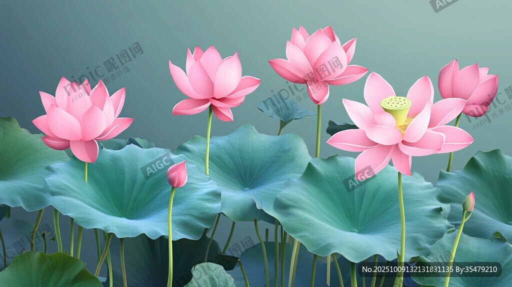粉色荷花綻放于綠葉間