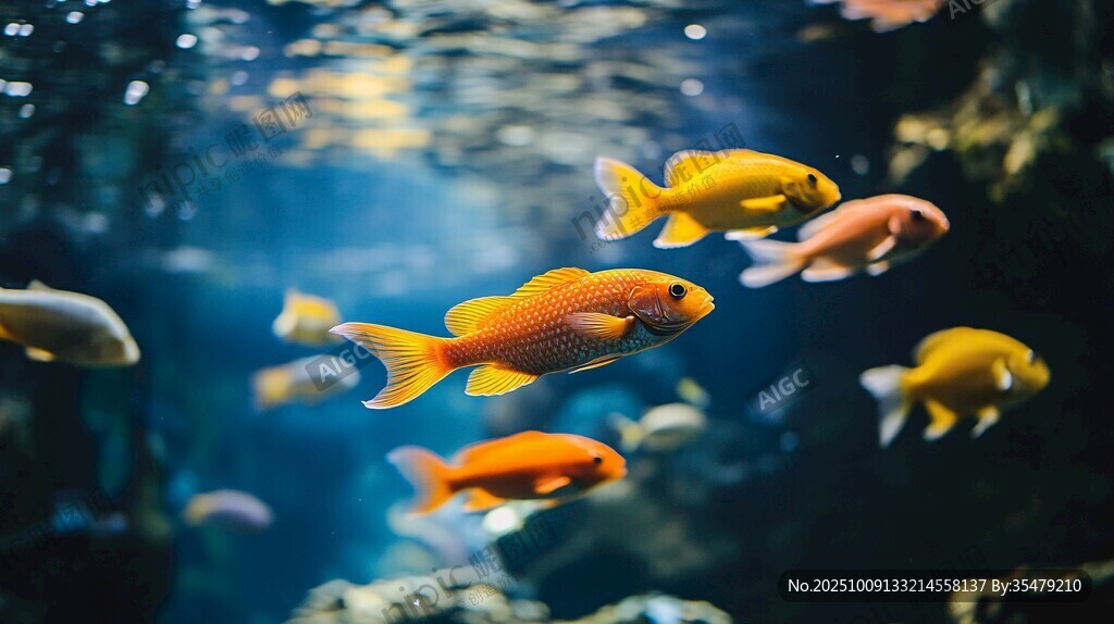 暢游的多彩金魚在水中嬉戲