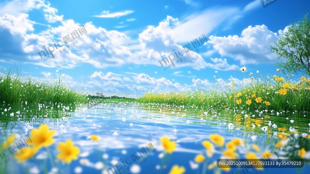 湖畔繁花映藍(lán)天美景