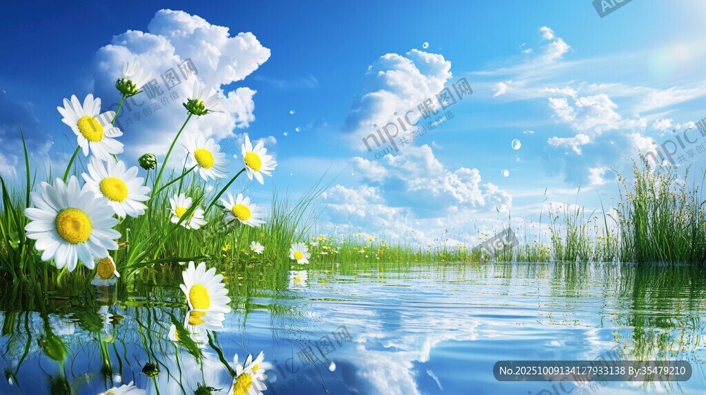 湖畔雛菊映藍天美景
