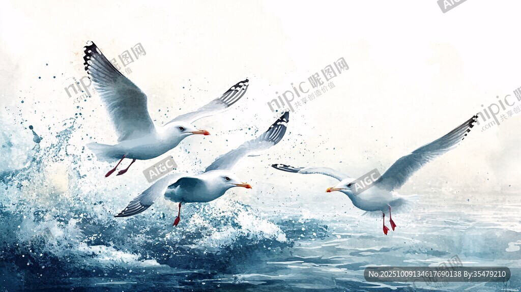 海鷗翔于碧海浪花間