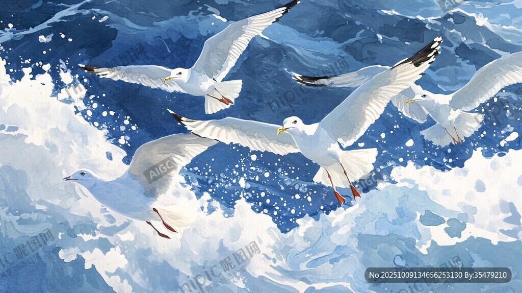 海鷗翱翔于翻涌海浪之上