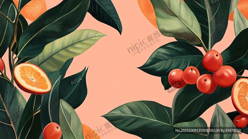 橙葉紅果的清新插畫