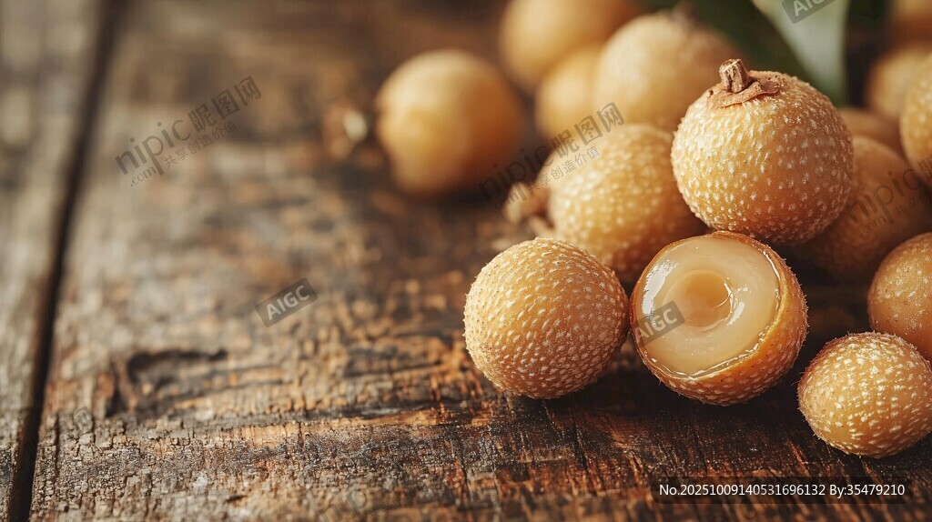 木桌上的新鮮桂圓果實(shí)