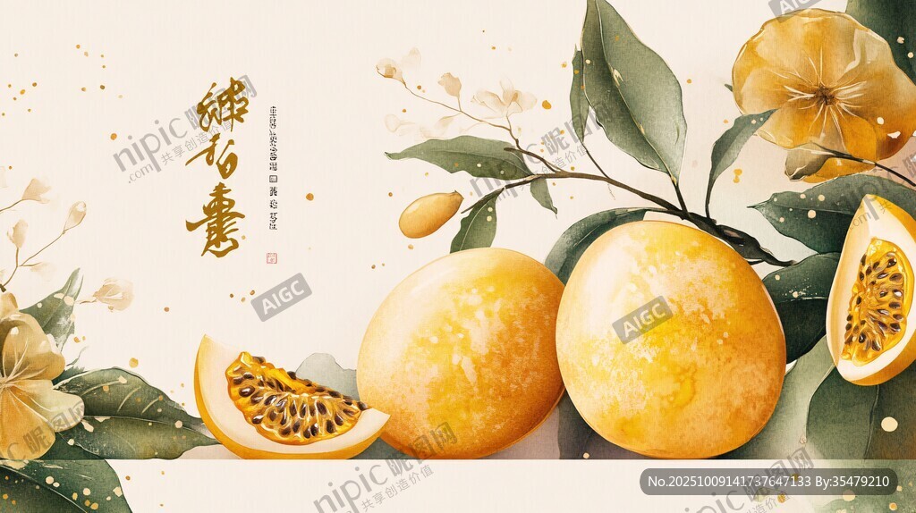 水彩風金黃百香果插畫