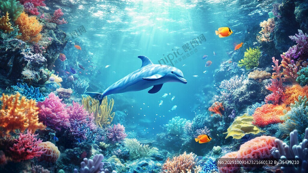 夢幻海底世界中的海豚遨游