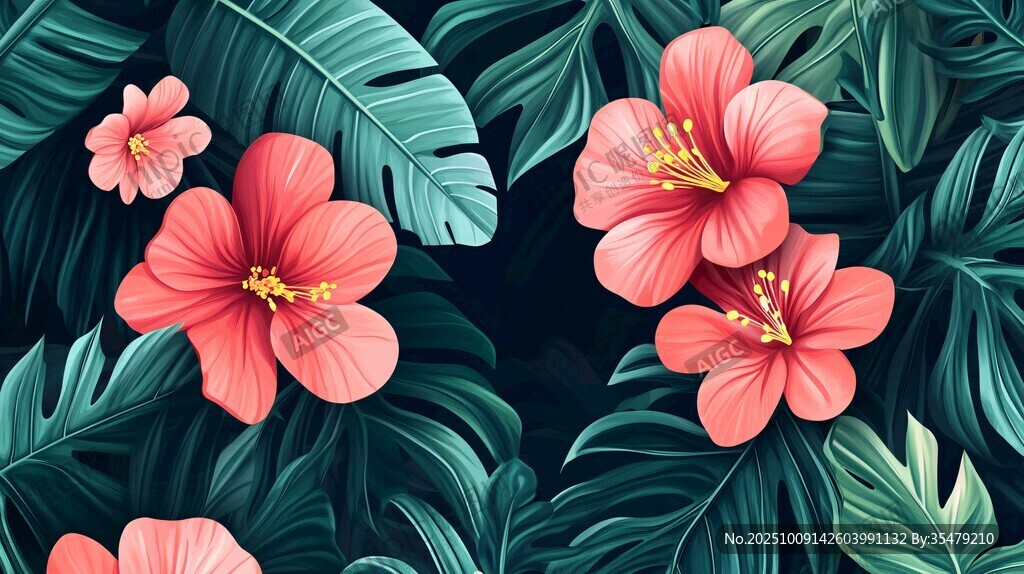 粉色扶桑與綠葉圖案背景