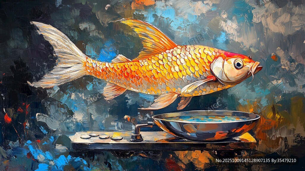 夢(mèng)幻金魚躍出古樸瓷碗