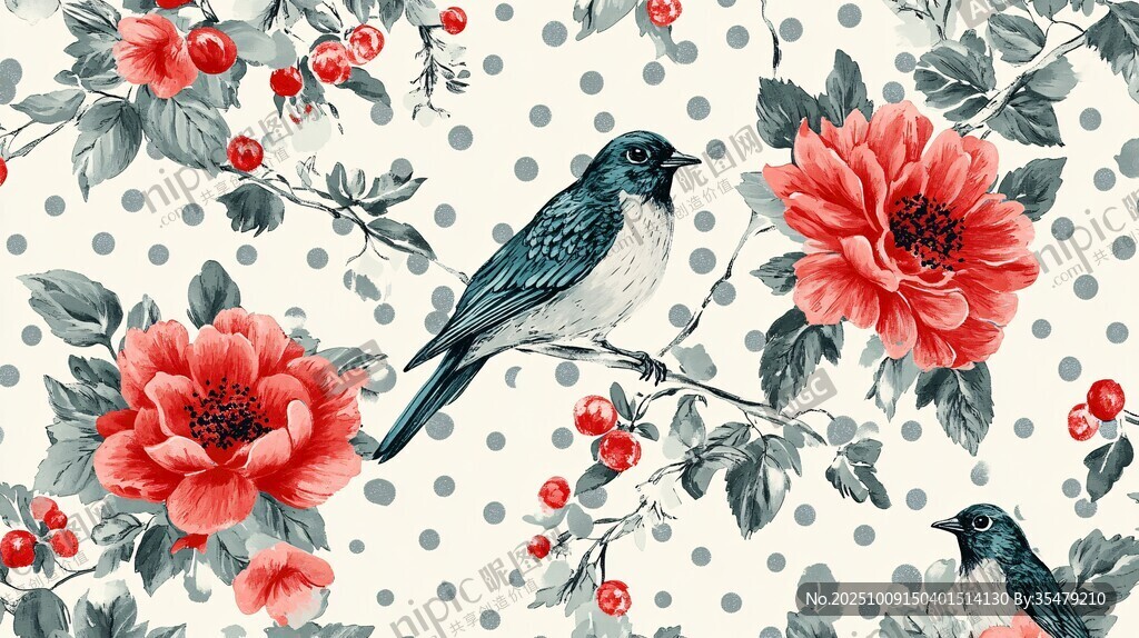 花鳥圖案 靈動(dòng)鳥兒伴嬌艷花朵