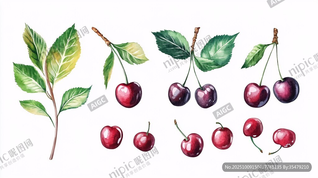 水彩櫻桃與枝葉手繪插畫
